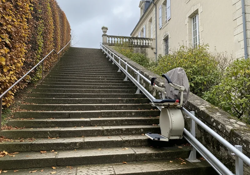 Monte-escalier extérieur traité anticorrosion reliant un jardin en pente à l'entrée d'une maison à Isle