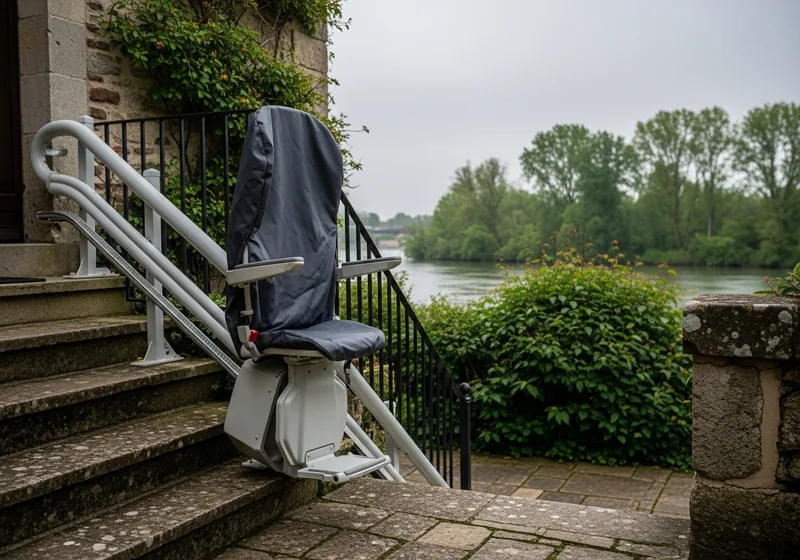 Plateforme élévatrice PMR pour fauteuil installée sur le perron d'un pavillon à Isle