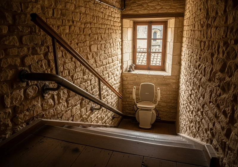 Monte-escalier droit discret installé dans une maison de caractère en pierre à Solignac