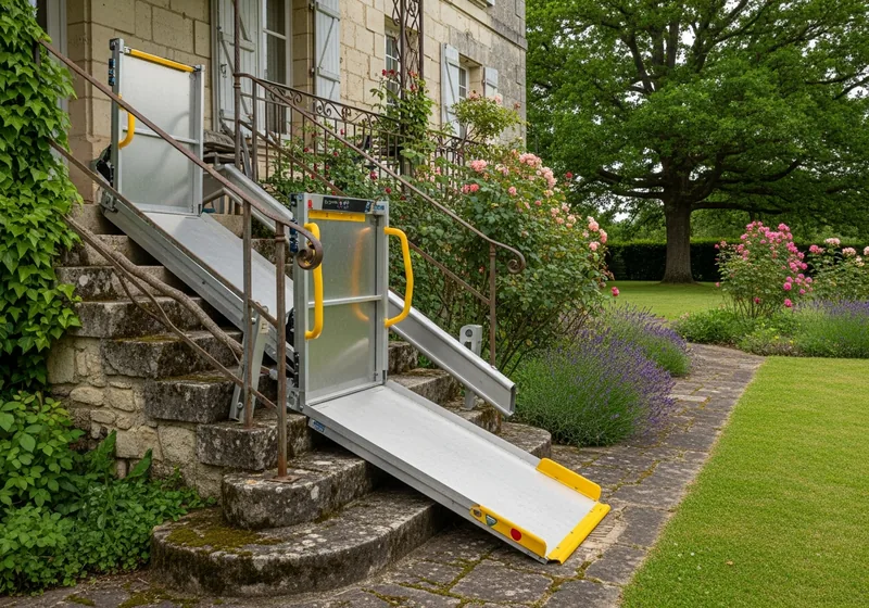 Plateforme élévatrice PMR pour fauteuil roulant installée à Isle